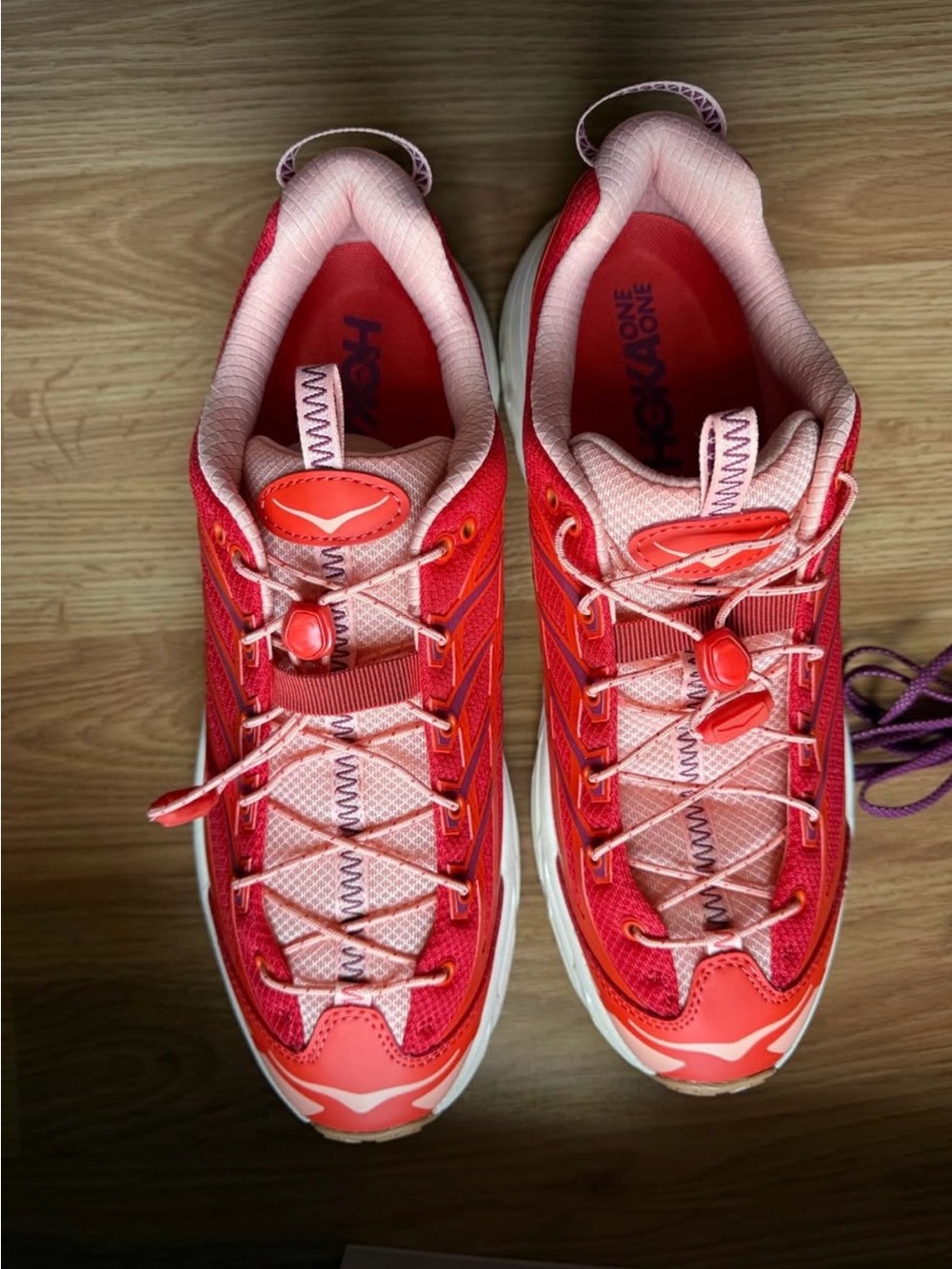 Hoka One One Women's Coral and Light Pink Trail Runners